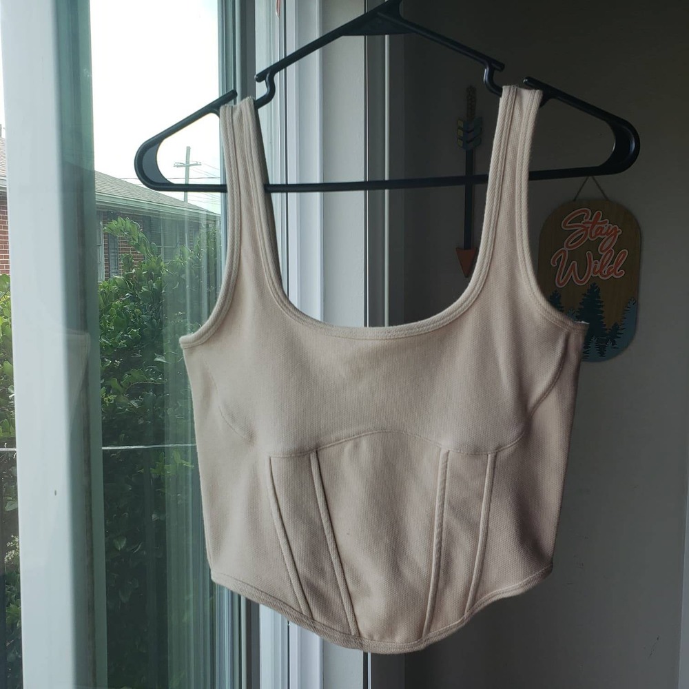PINK Victoria's Secret Cream Textured Corset Tank Top Medium Scoop Neck